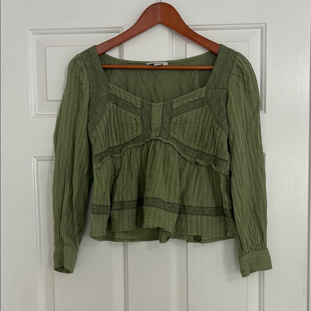 American Eagle Outfitters Green Peplum Blouse with Smocked Neckline